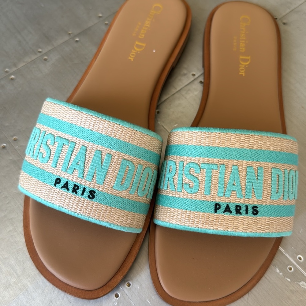 Christian Dior dway slide sandal flat aquamarine logo canvas leather sz 38.5 - Picture 6 of 9